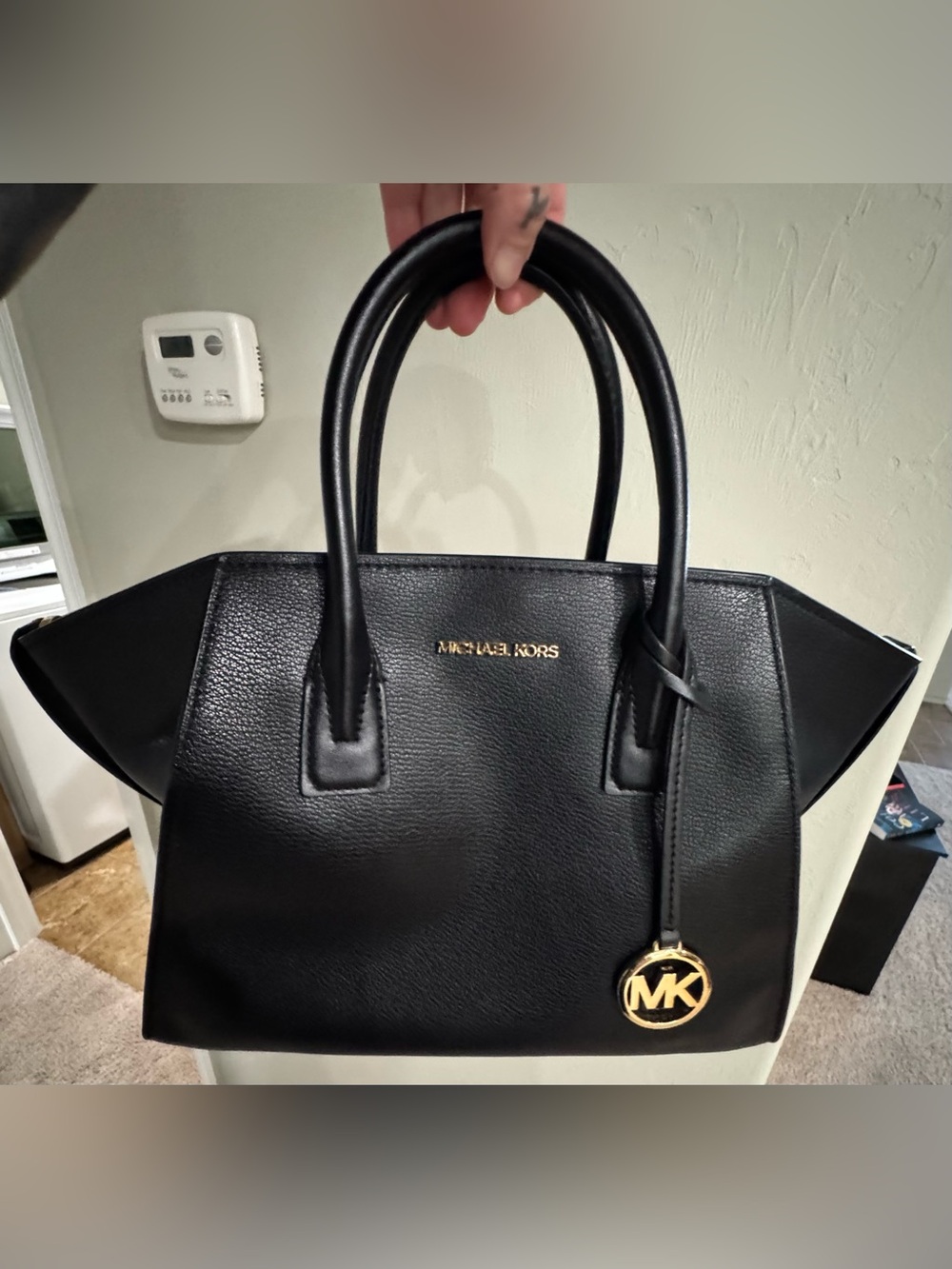 Michael Kors Black Leather Satchel Tote Handbag Gold Logo